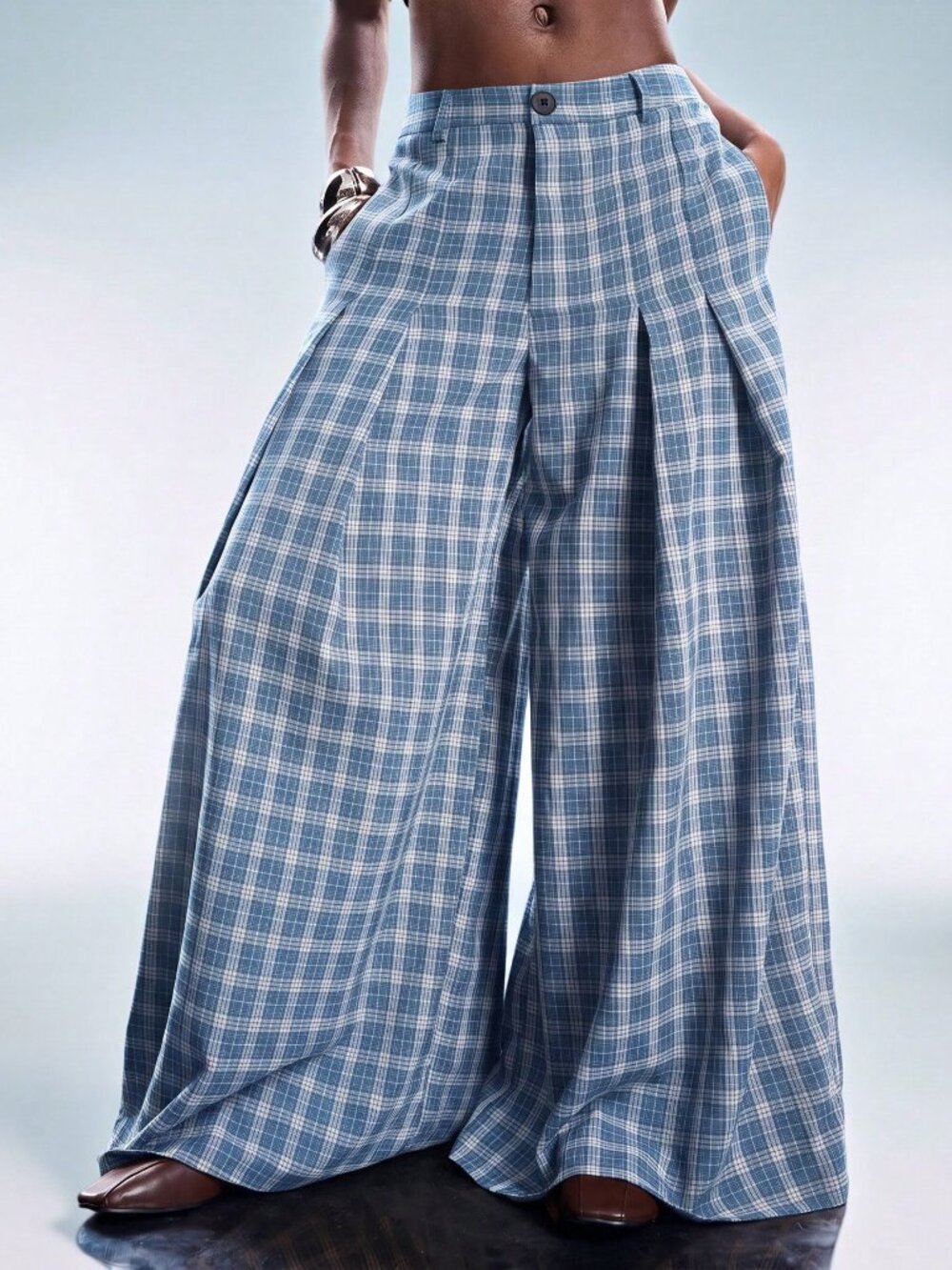 Blue Casual Women's Plaid Pleated Design Loose Flattering Wide Leg Long Pants